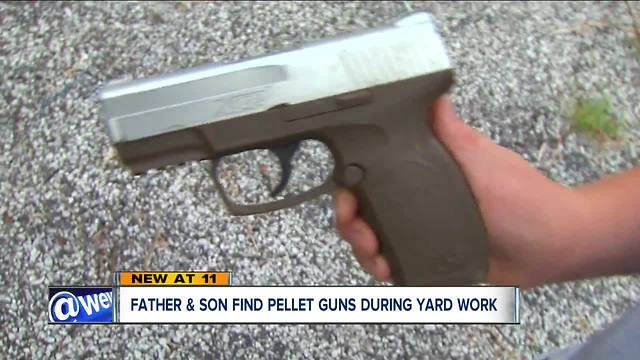 A father and son lawn service team has found several air soft guns in large bushes while working