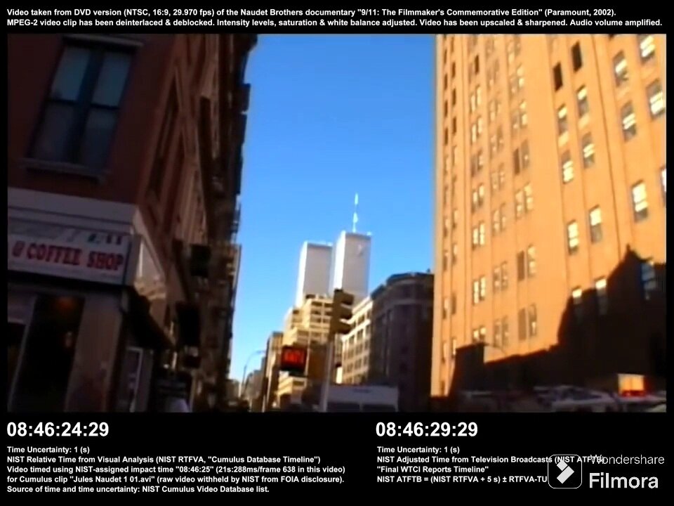 North Tower of World Trade is hit by American Flight 11 and expells the aircraft