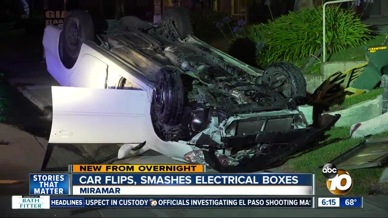 Driver flips over, hits electrical boxes in Miramar