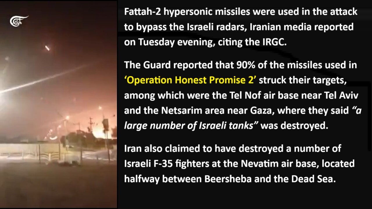 90% of Iranian hypersonic missiles struck their targets in Israel. Tel Nof air base near Tel Aviv and the Netsarim Tank Base Were Obliterated