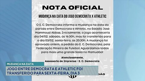 Mudança na Data: Jogo entre Democrata e Athletic Transferido para Sexta-feira, Dia 3 de Fevereiro.