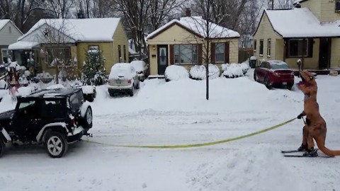 FUNNY! T-Rex Skis Behind Car - ABC15 Digital