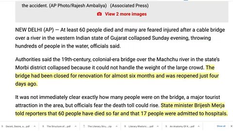 🟨 印度大橋倒塌至少60人死亡多人受傷