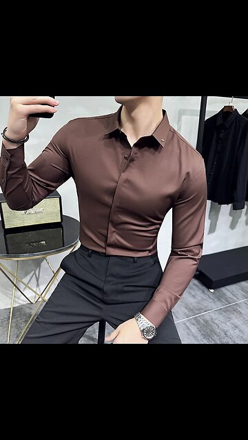 High Quality Solid Dress Shirt Men Simple Long Sleeve Slim Fit