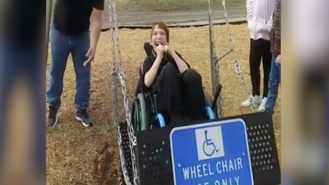 WHEELCHAIR SWING! 10-year-old lights up while using new park swing for first time - ABC15 Digital