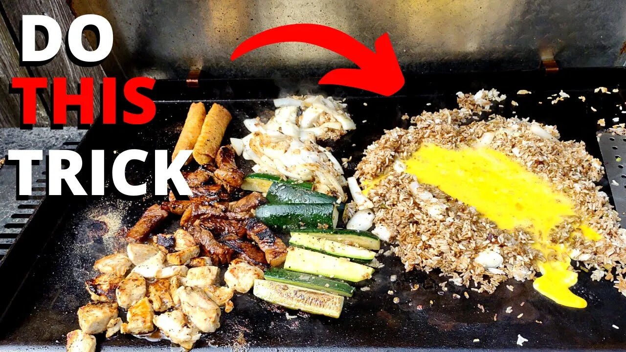 How to Make Fried Rice on a Griddle with Steak, Chicken and Shrimp (printable recipe included)