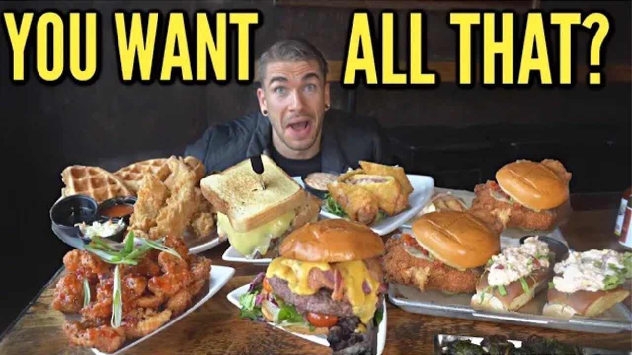 GIANT AMERICAN PUB FOOD MENU CHALLENGE | Burgers, Fried Chicken, Lobster Rolls, Chicken & Waffles