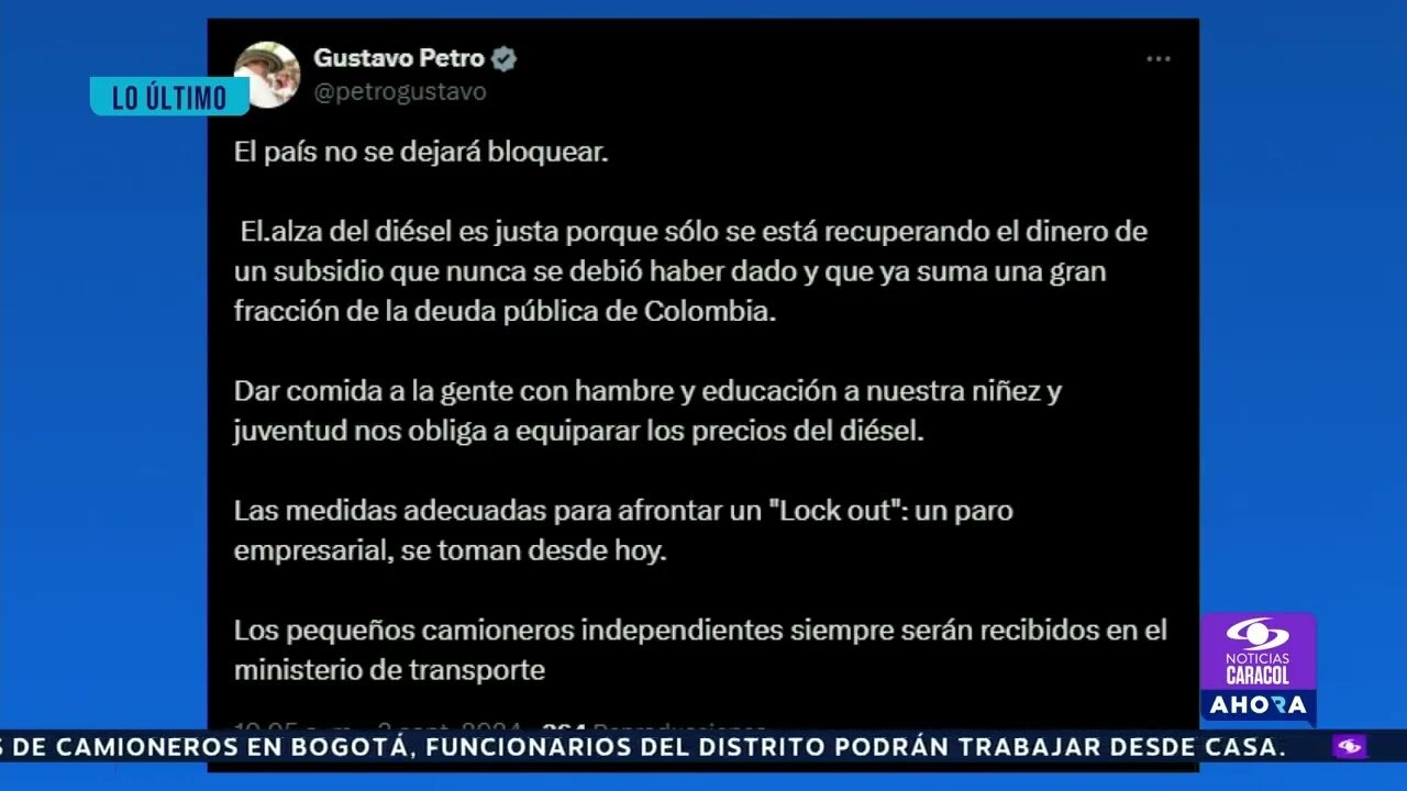 Presidente Gustavo Petro sobre paro de camioneros: “El país no se dejará bloquear”