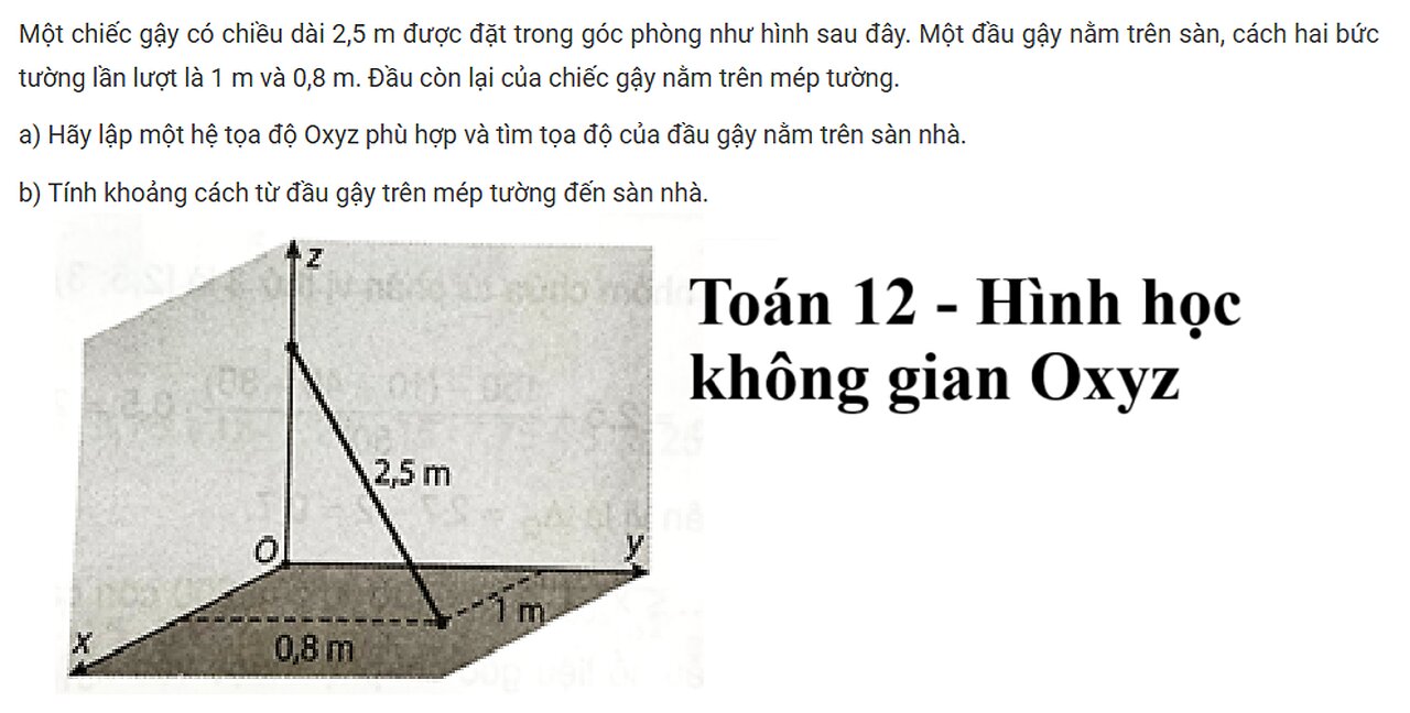 Toán 12: Một chiếc gậy có chiều dài 2,5 m được đặt trong góc phòng như hình sau đây. Một đầu gậy