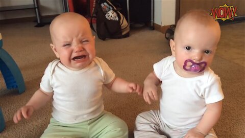 Twin baby girls are so cute fighting over this pacifier!