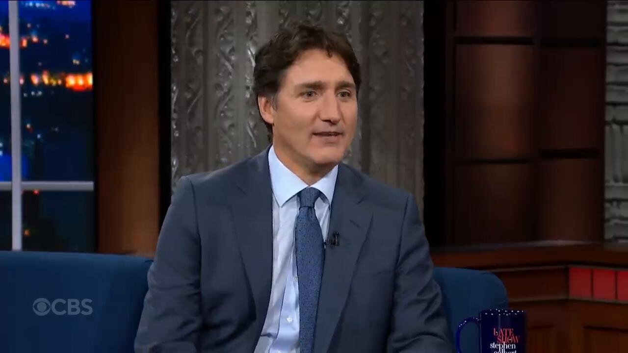 Canadian Prime Minister Justin Trudeau speaks with Stephen Colbert