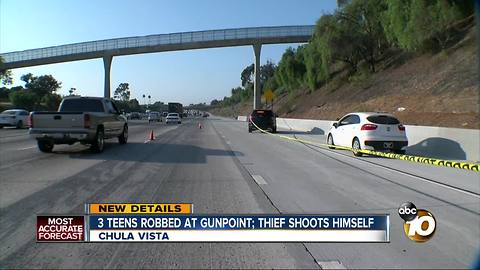 3 teens robbed at gunpoint, thief shoots himself