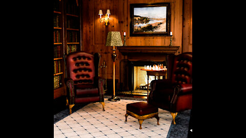 Cozy Library with fireplace and stormy weather