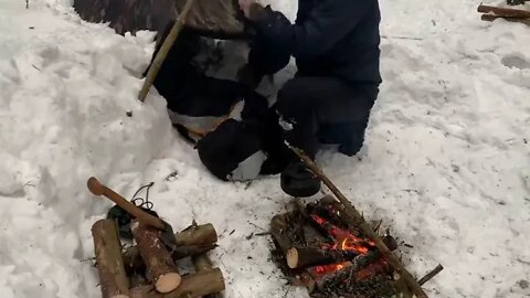 SOLO Two Days WINTER BUSHCRAFT Camp Shelter in Snowfall Lavvu Poncho Spoon Carving $$$$$ 19