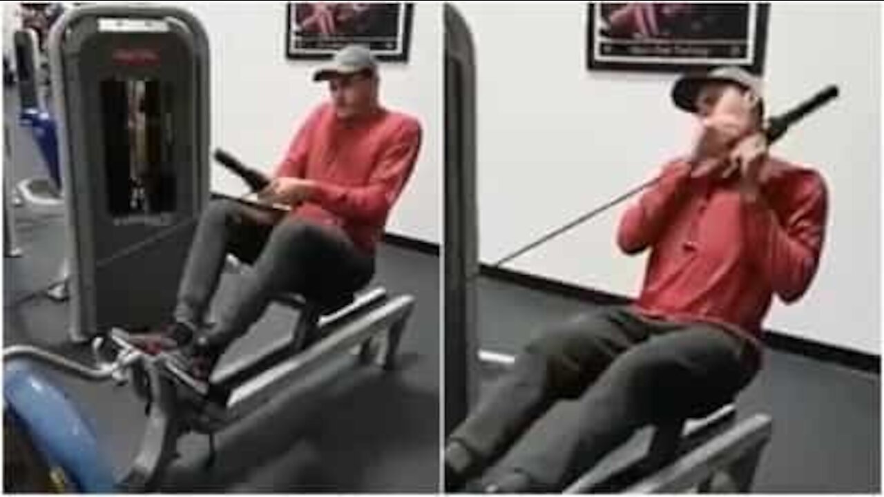 Mies treenaa kalastuslihaksiaan soutulaitteessa!