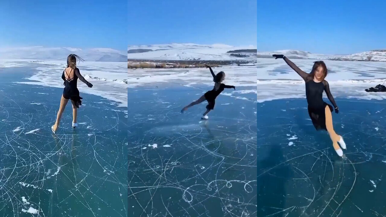 Turkish ice skater İklim Şentunalı performs on frozen Lake Çıldır