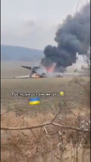 A downed Russian plane is on fire shot down by Ukraine Army.
