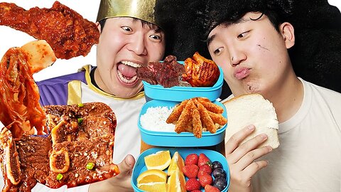Best bento in the world Steak, fried shrimp, chicken, fruit, Convenience