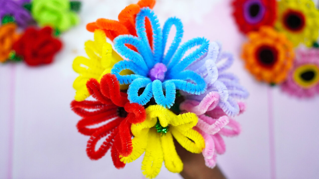 Pipe Cleaner Crafts | DIY Chenille Wire Flower Making For Home Decoration | Easy Paper Crafts