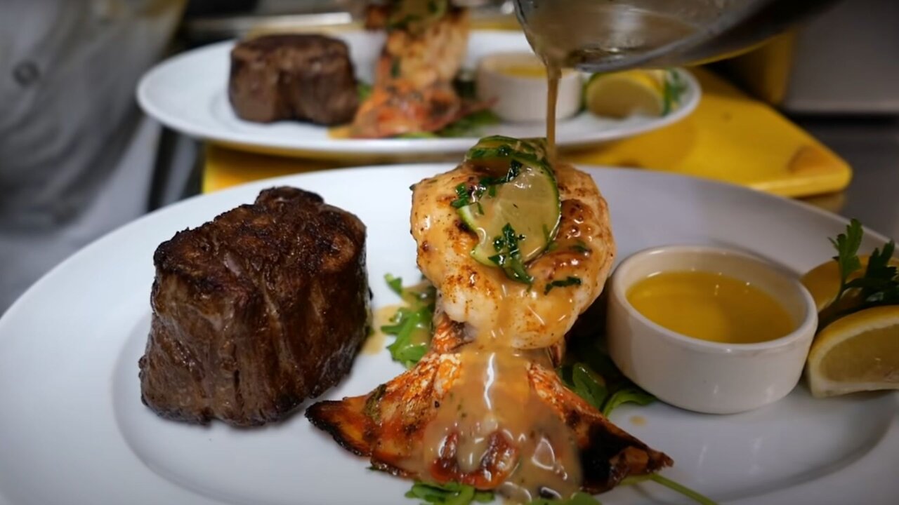 DRY AGED PORTERHOUSE STEAK Lobster Surf and Turf Tuscany Steakhouse, NYC - American Food