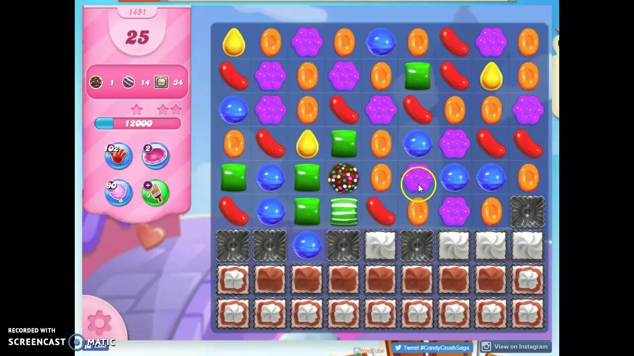 Candy Crush Level 1491 Audio Talkthrough, 2 Stars 0 Boosters