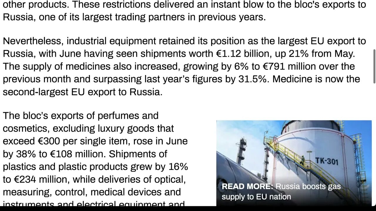 今日俄羅斯：歐盟對俄羅斯的出口激增