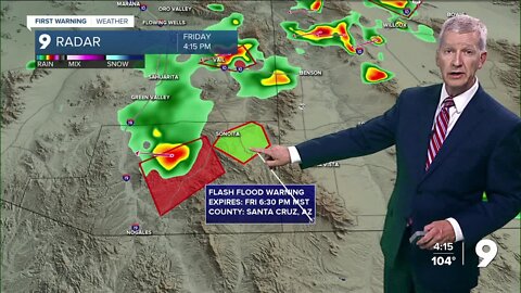 Thunderstorm warnings and Flash Flood Warnings around Pima and Santa Cruz Counties