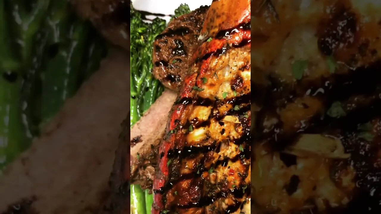 New York Strip Steak, Grilled Lobster & Broccolini! Top with a balsamic drizzle