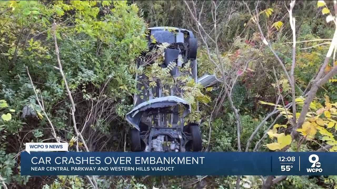 Car crashes over embankment along Central Parkway