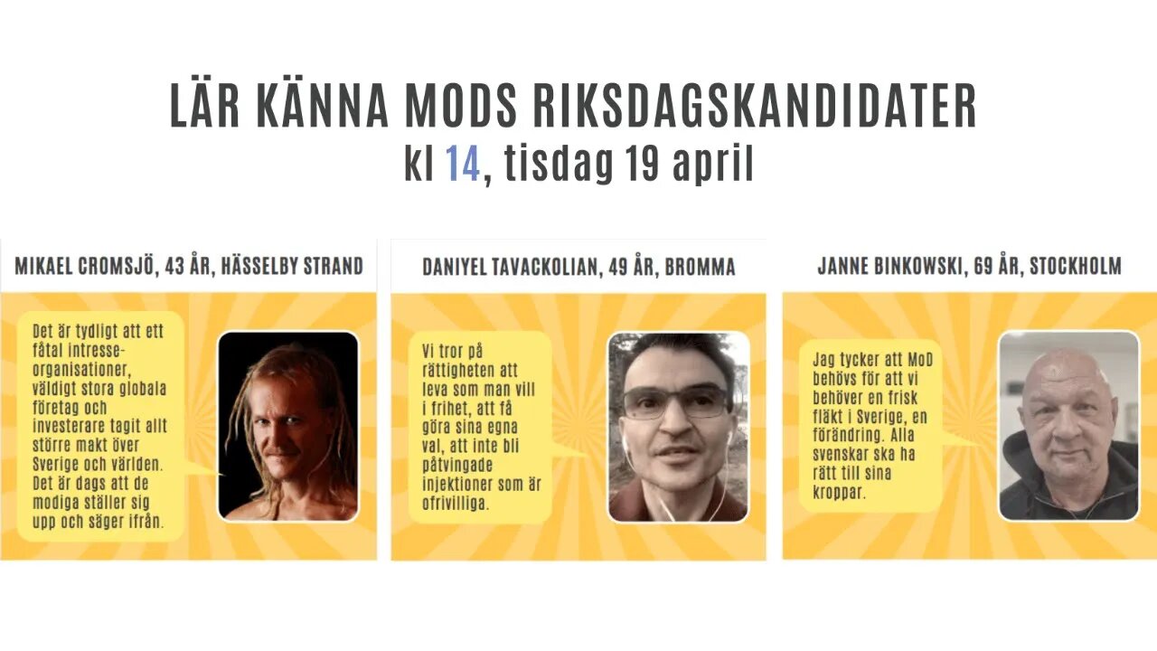 Lär känna MoDs riksdagskandidater, tisdag den 19 april, kl 14