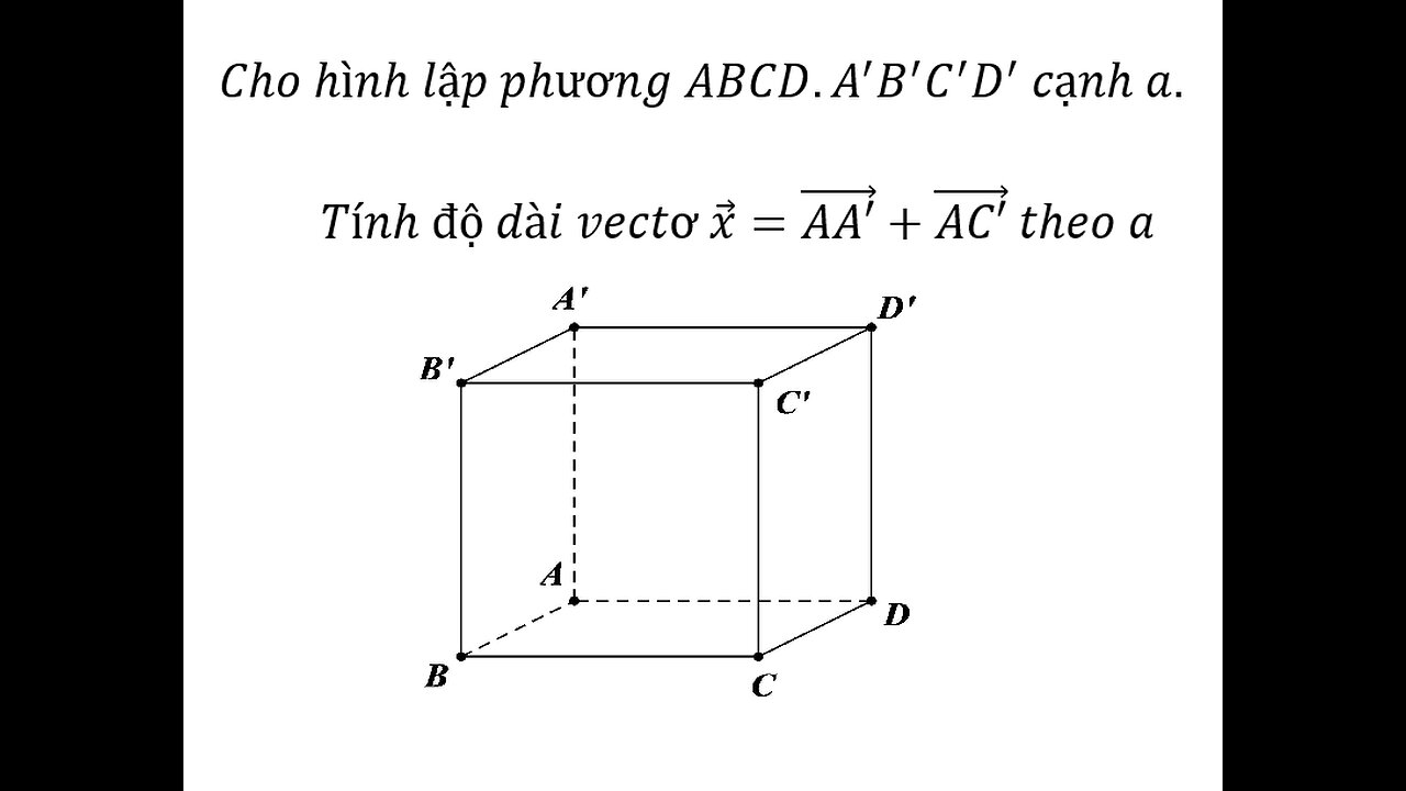 Cho hình lập phương ABCD.A'B'C'D' cạnh a.Tính độ dài vectơ x=(AA') +(AC') theo a