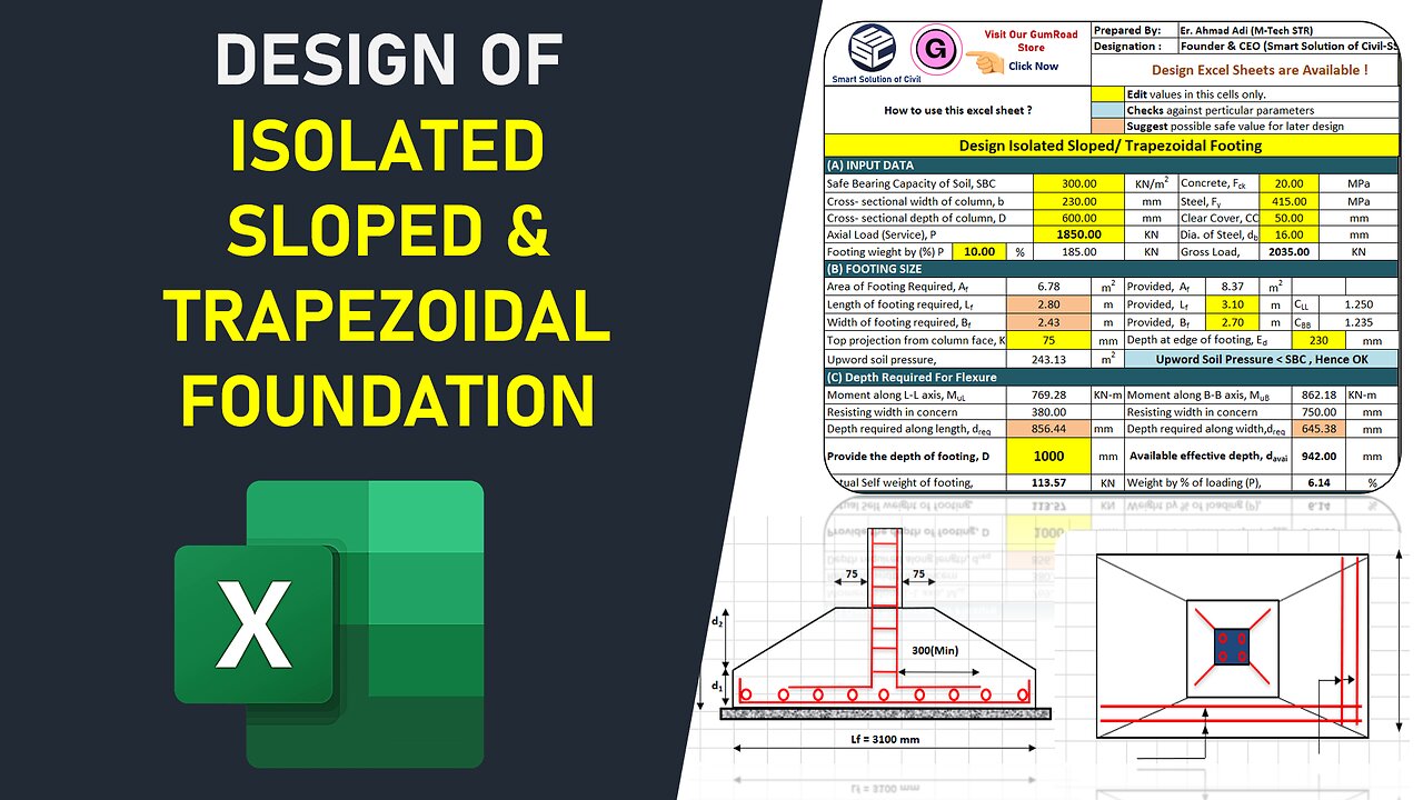 How to Design of Sloped & Trapezoidal Foundation | Advance Excel Sheet | Civil Engineering