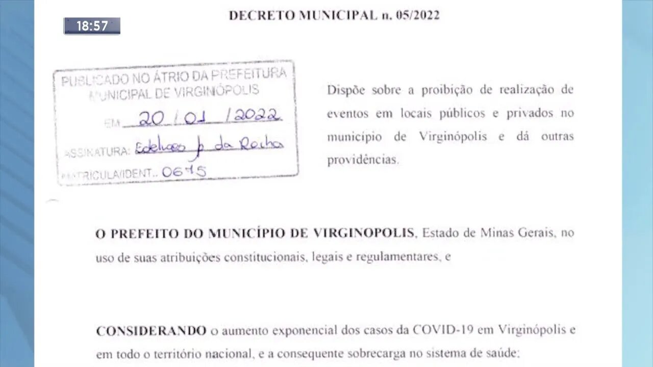 Novo decreto! Está proibido realizar eventos em locais públicos e privados em Virginópolis