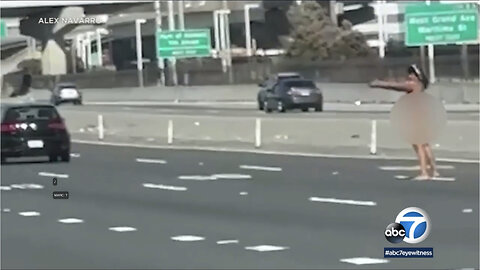 A nude woman running down a busy California freeway opening fire on passing cars