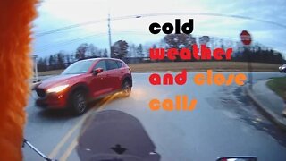 Cold weather motorcycle riding. Honda PCX and NT700. And a close call