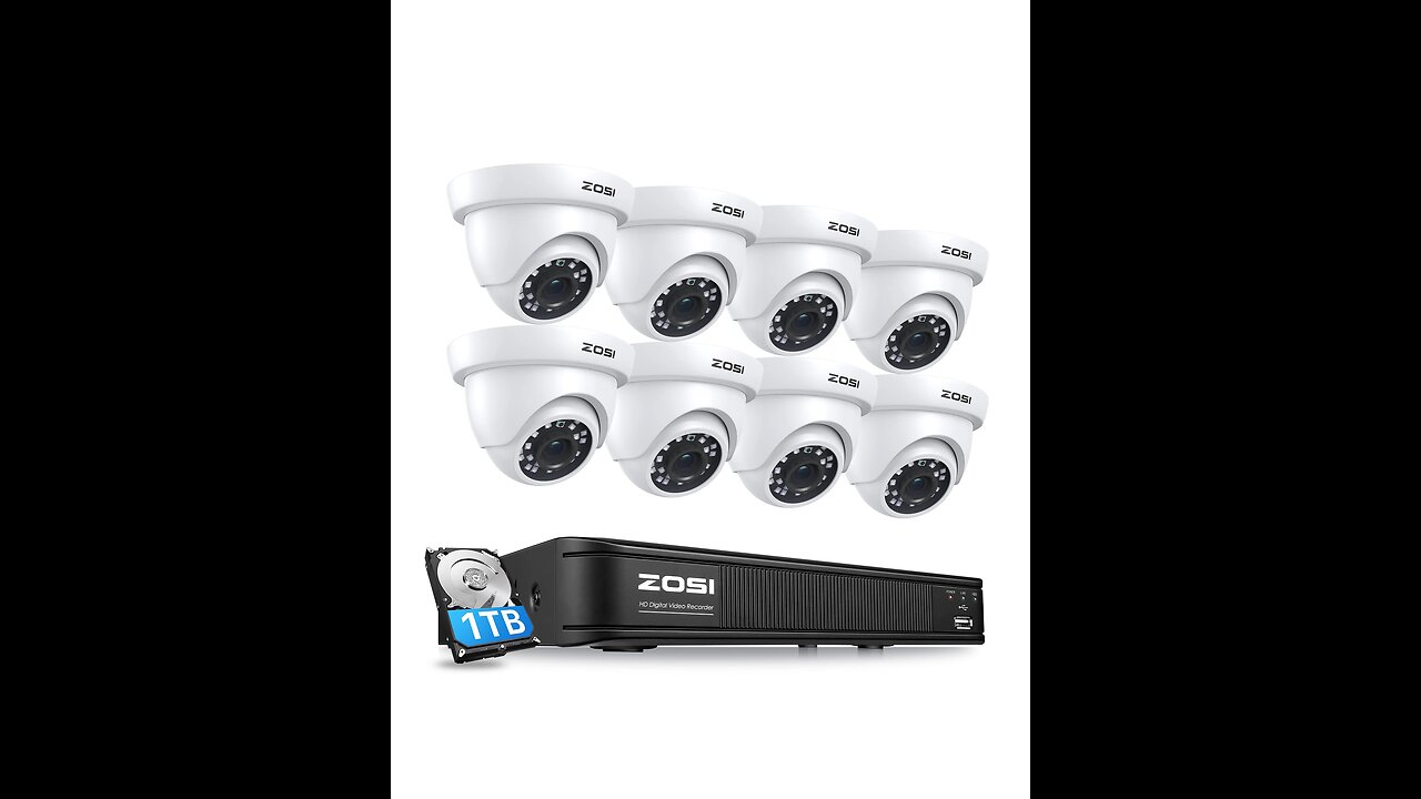 ZOSI 8CH 1080P Security Camera System Outdoor with 1TB Hard Drive H.265+ 8 Channel 5MP Lite Vid...