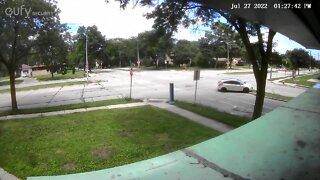 Video: Driver hits pole, knocks it over, then flees the scene