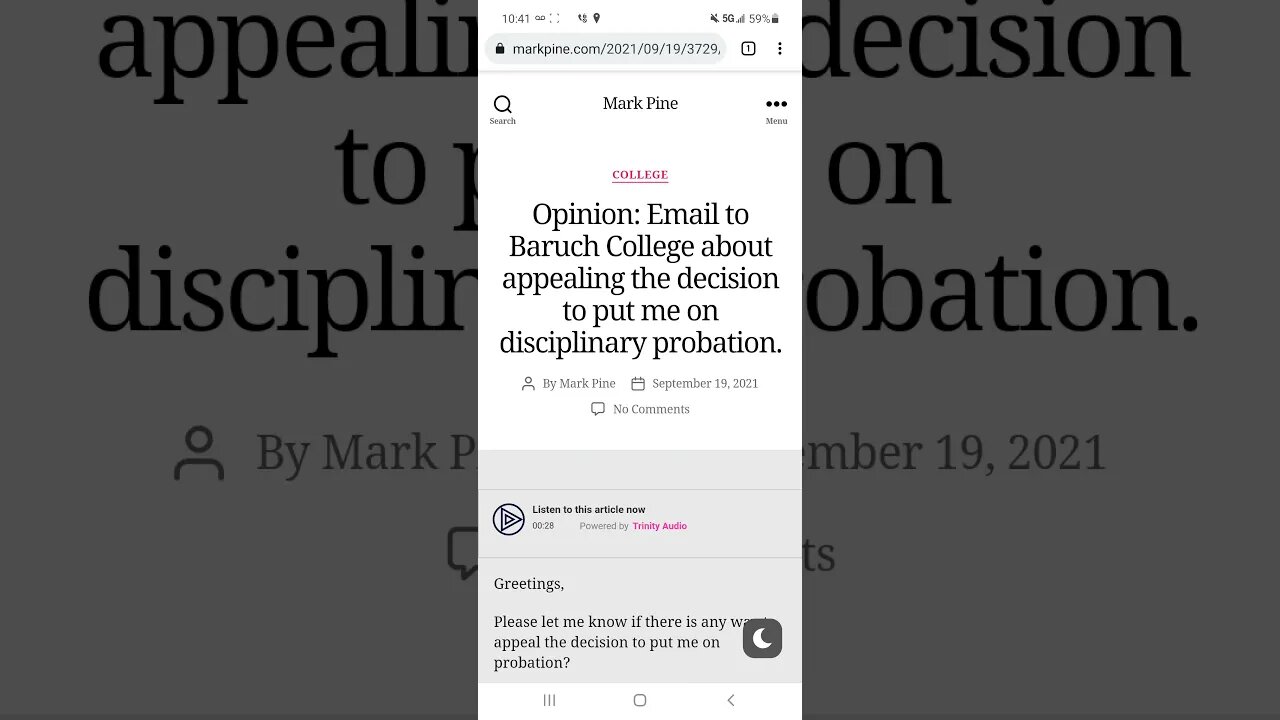 Opinion: Email to Baruch College about appealing the decision to put me on disciplinary probation.