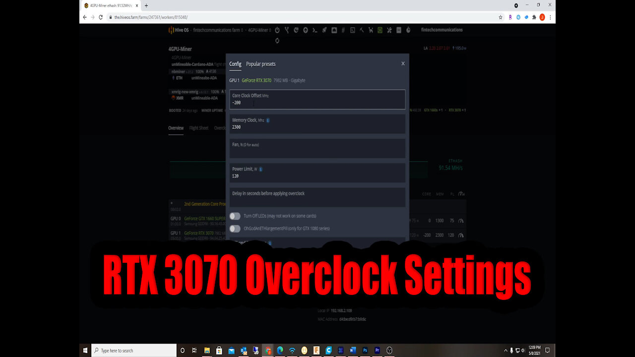 RTX 3070 HiveOS overclock settings Gigabyte Samsung GDDR6 AORUS