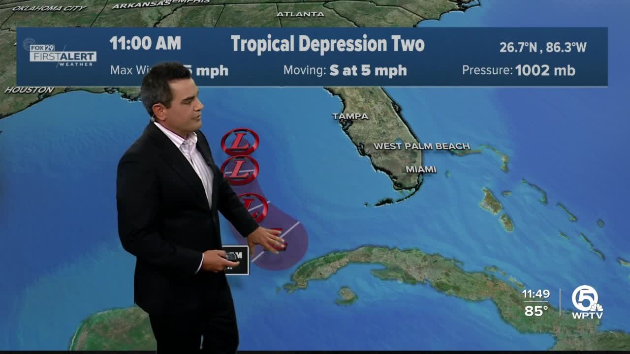 Tropical Depression Two slowly moving southward with little change in strength