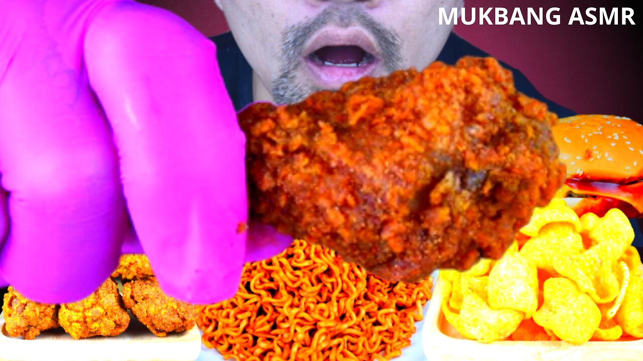 MUKBANG ASMR ,Fried Chicken,Double Pork & Cheese Burger,Hot Chicken flavor Ramen