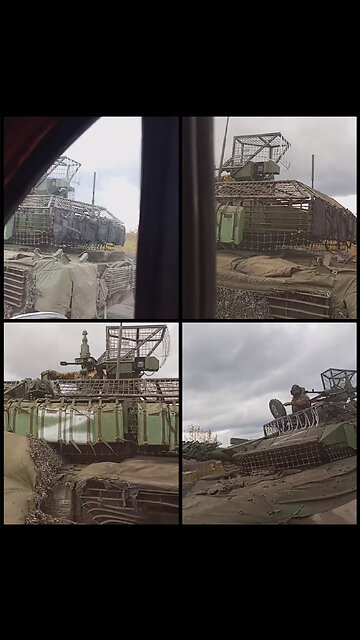 Russian T-90M tank "crammed with cages/netting against direct FPV drone attacks"