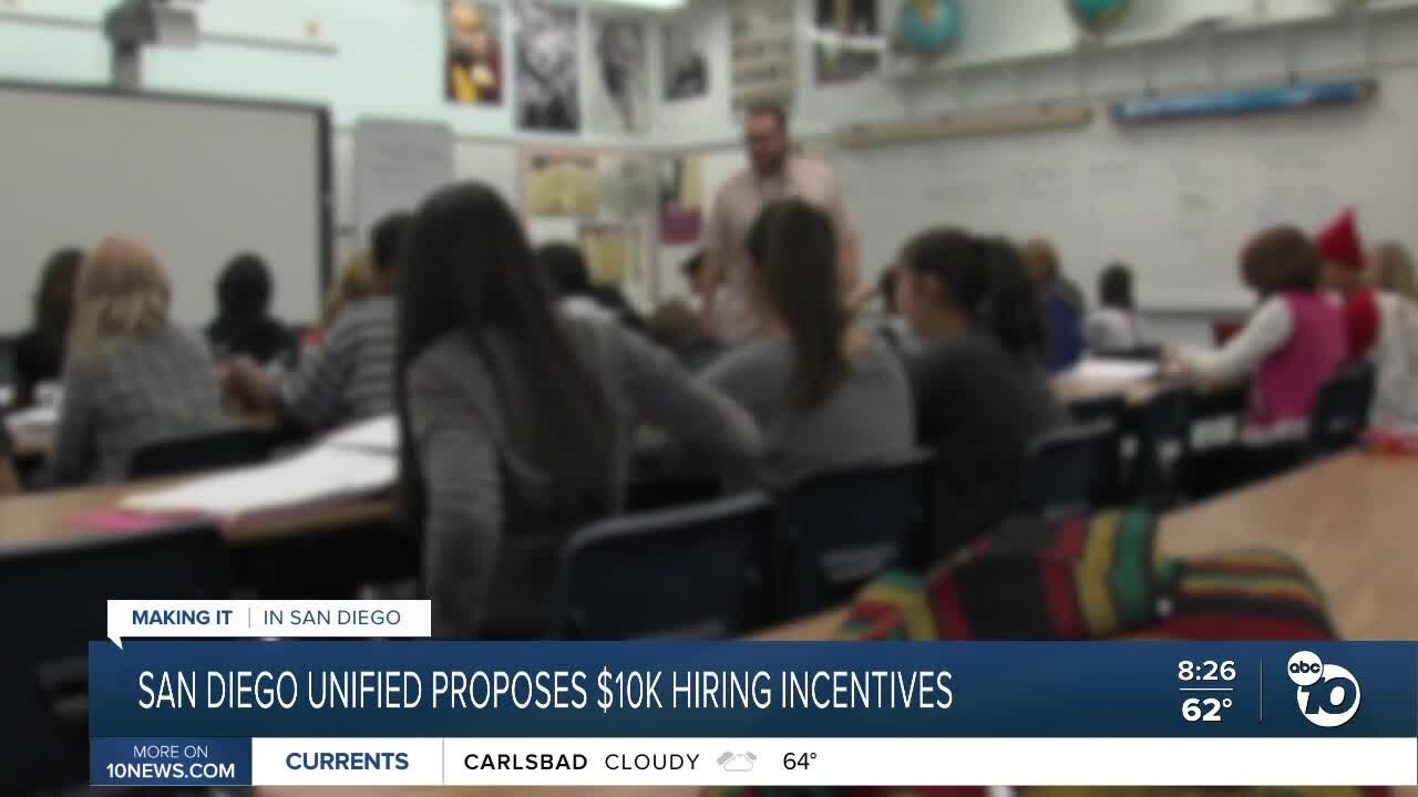 San Diego Unified proposes offering $10k hiring incentive