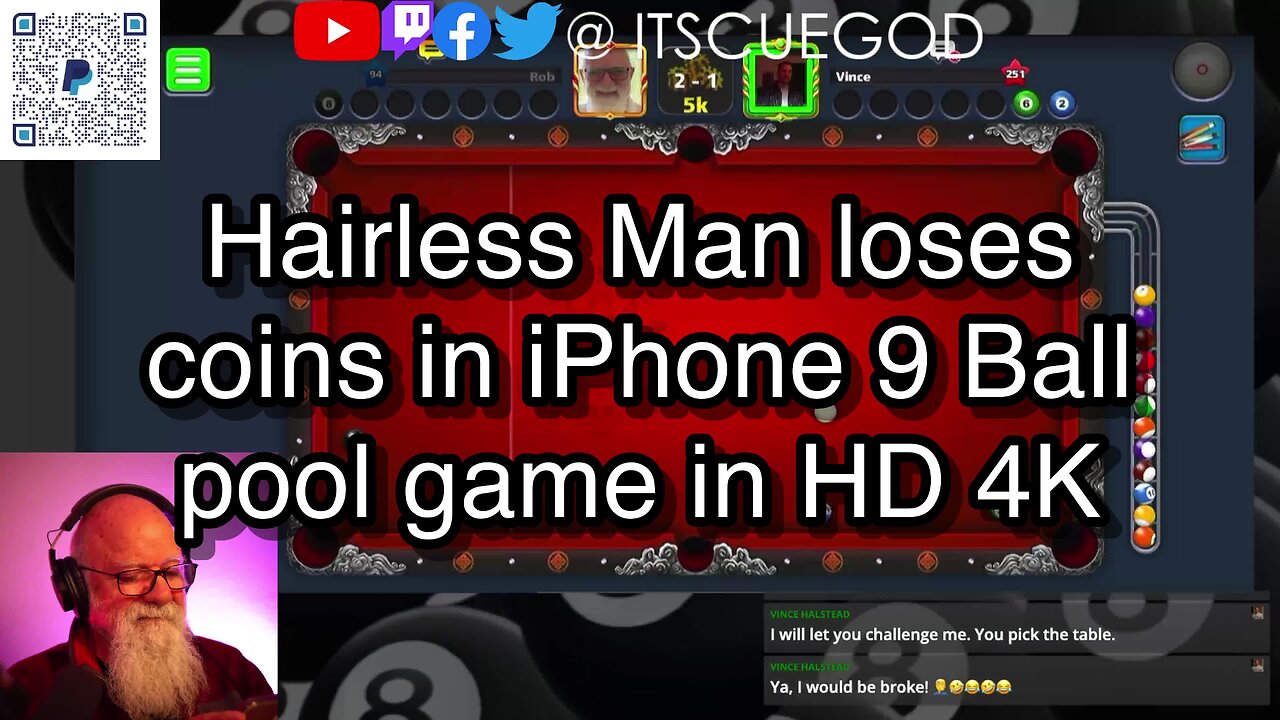 Hairless Man loses coins in iPhone 9 Ball pool game in HD 4K 🎱🎱🎱 8 Ball Pool 🎱🎱🎱