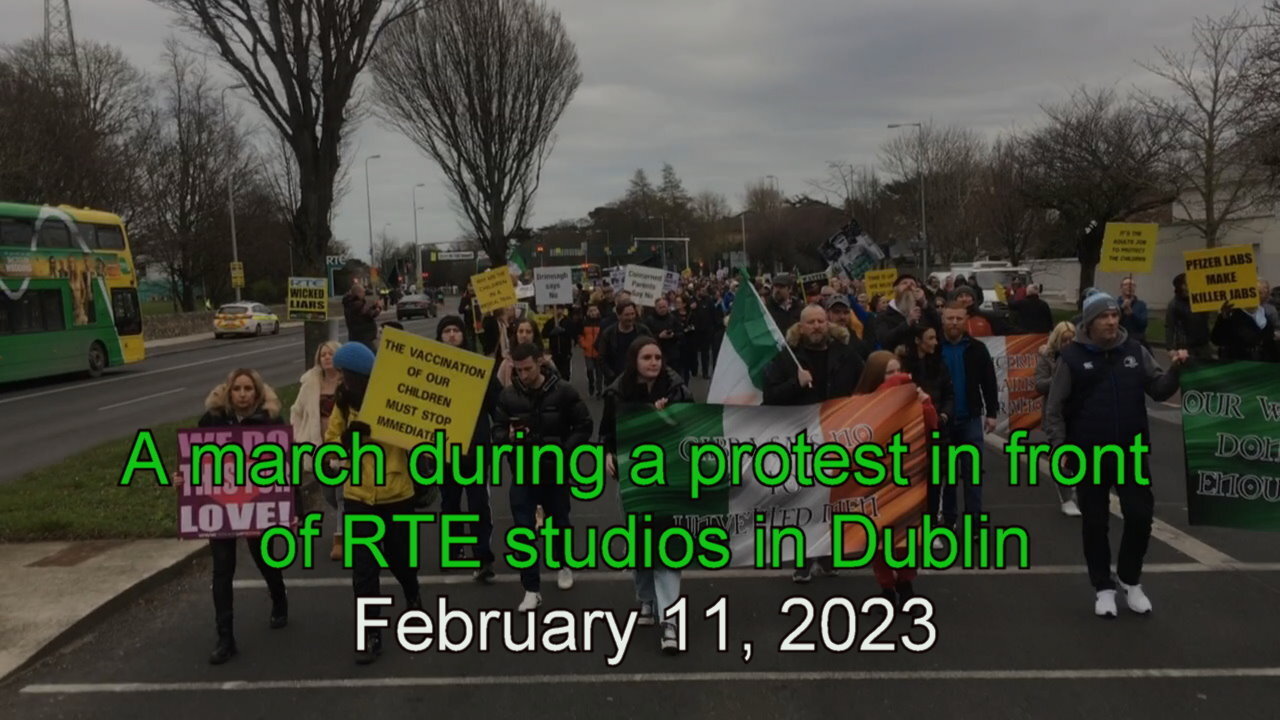 A march during a protest in front of RTE studios in Dublin