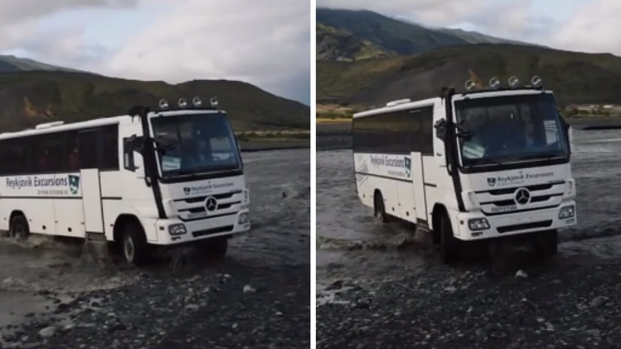 Excursion bus in Iceland drives through very deep water