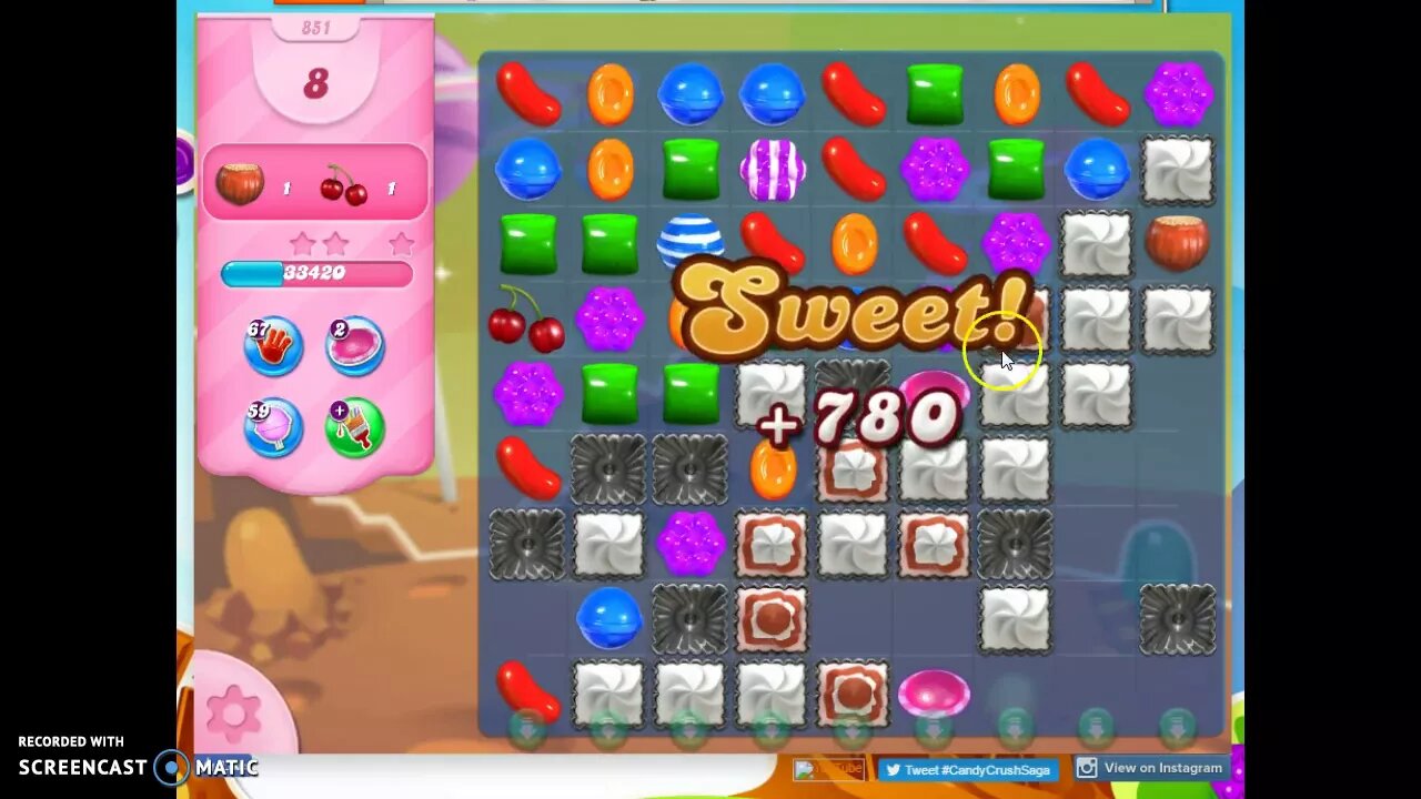 Candy Crush Level 851 Audio Talkthrough, 2 Stars 0 Boosters