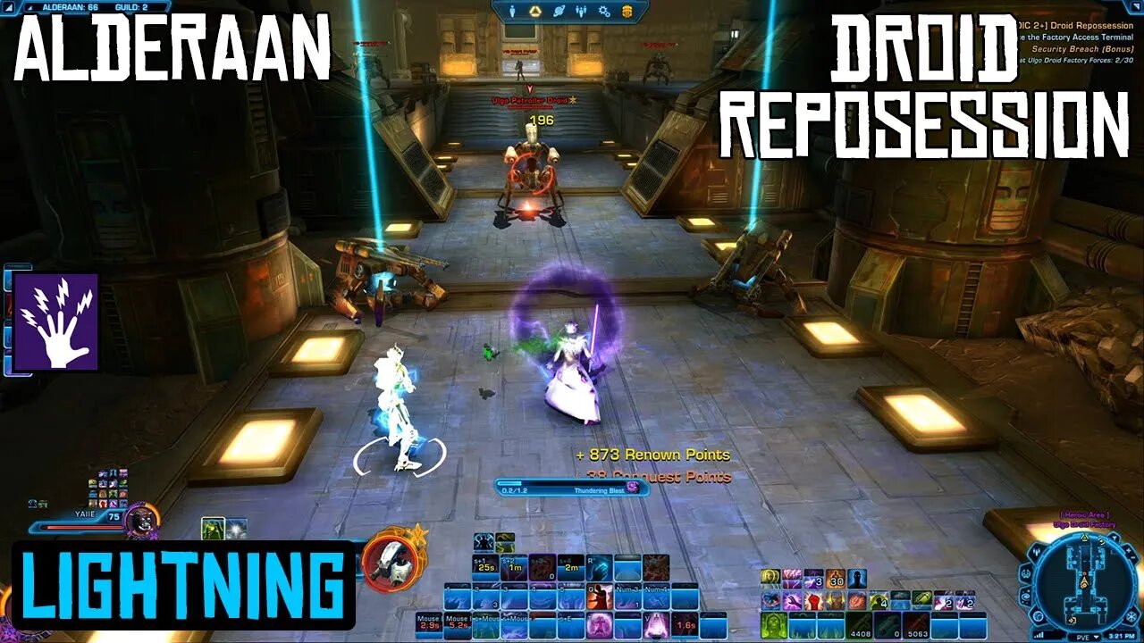 SWTOR Lightning Sorcerer DPS Gameplay | Alderaan Daily 2+ Heroic Mission Droid Repossession