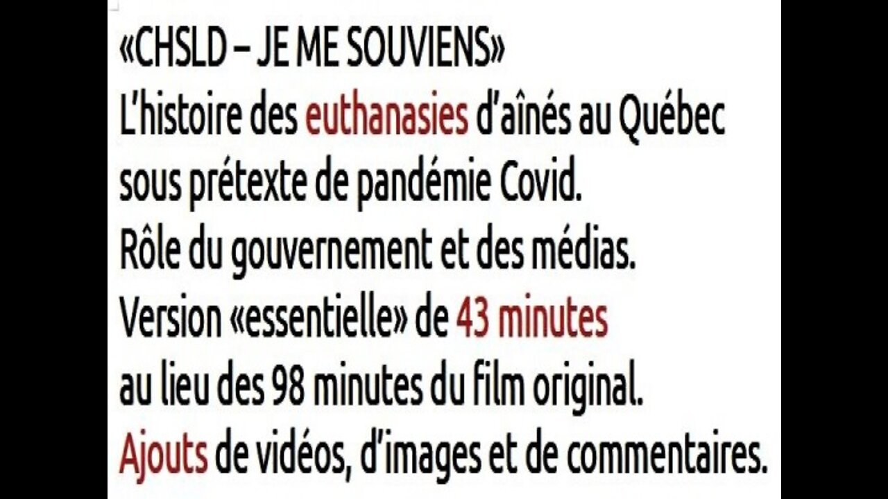 Docu choc: "CHSLD JE ME SOUVIENS" (Covid, vaccins). Scandale Québec