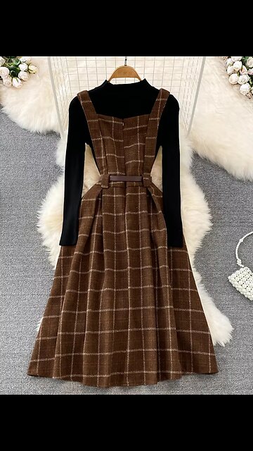 High Quality Fall Winter Women Sweater Overalls Dress Sets Casual Knitted Tops +Plaid Woolen Dress